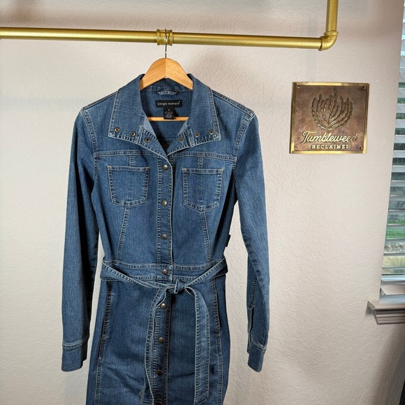 Sergio Valente Mens Denim Long Sleeve Button Front Belted Shirt Dress Blue M - Picture 2 of 10